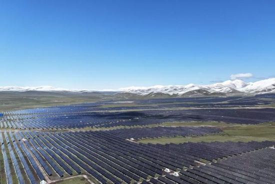 光伏区绿草雪山辉映景像。 光伏区绿草雪山辉映景像。