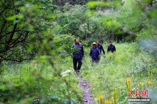 图为果洛赞保(左一)进行日常巡护工作。薛蒂 摄